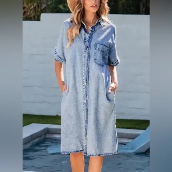 Boutique Denim Shirt Dress Light Wash Collared Button Down Utility Normcore XL - Picture 1 of 12